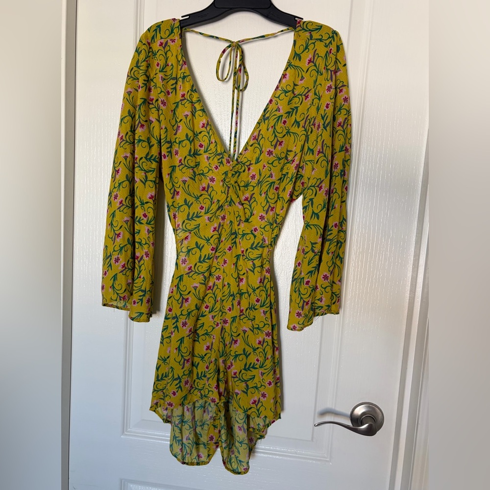 Anthropologie Yellow Floral Wrap Dress with Pink & Green Accents